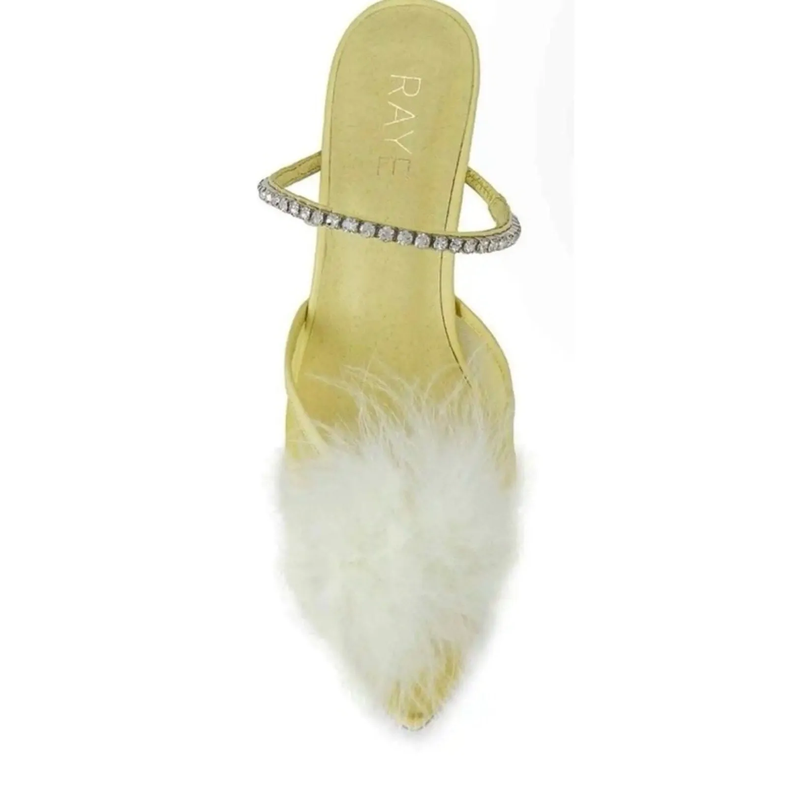 NEW RAYE Women's Duke Heel - Mesh Feather Pompom Crystal Embellished Strap, Pale Yellow, Size 9.5