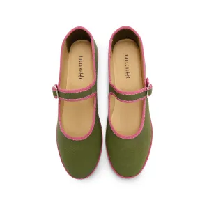 Olive Green Cotton Mary Jane Friulane with Peony Pink Details