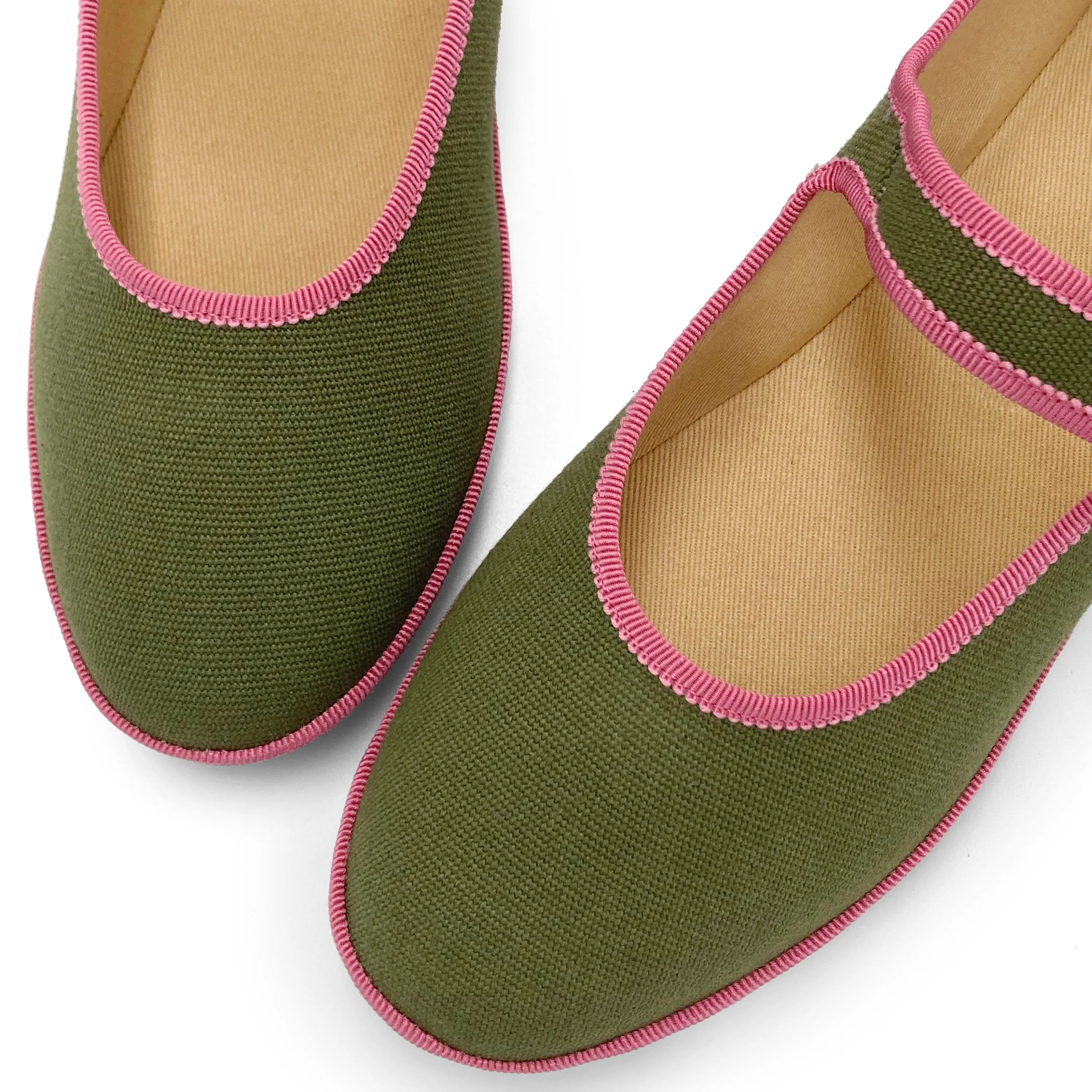 Olive Green Cotton Mary Jane Friulane with Peony Pink Details