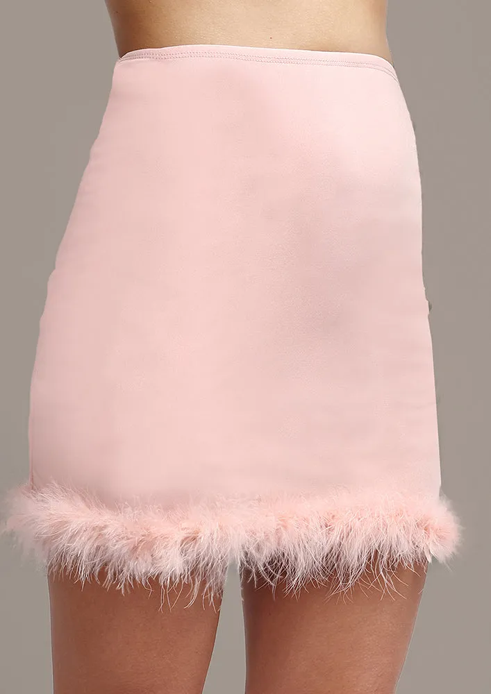 Peach Feather Trimmed Cropped Blazer With Skirt Co-ord Set