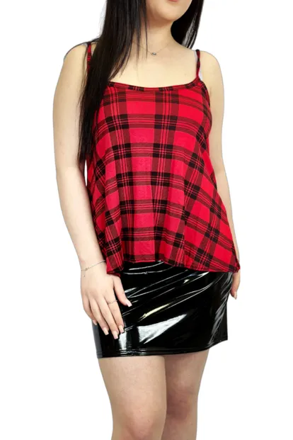 Plus Size Red Tartan Print Plain Swing Cami Vest Top