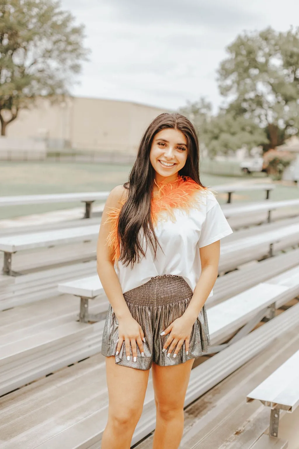 Queen Of Sparkles: One Shoulder Feather Tee in White & Orange