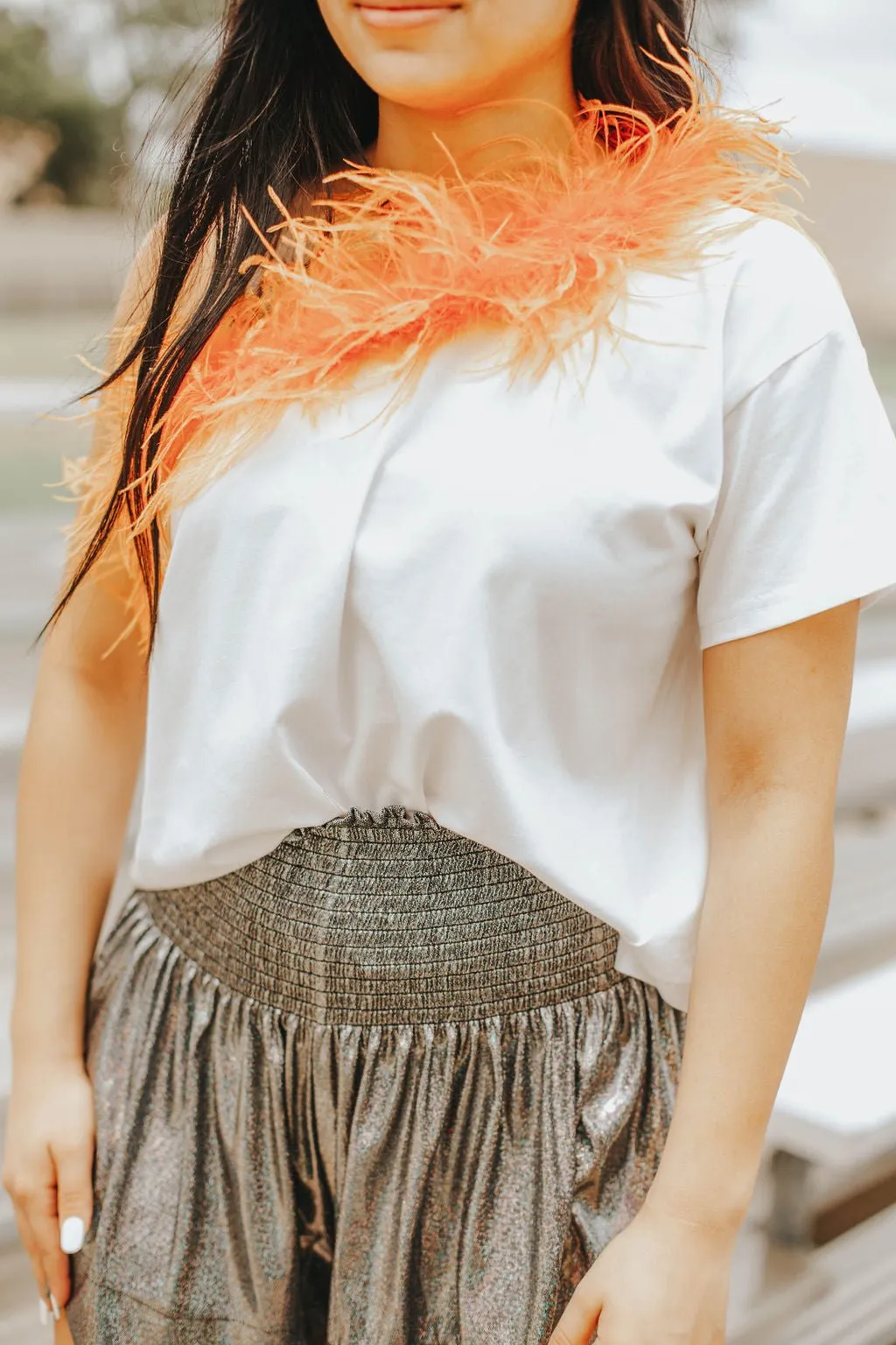 Queen Of Sparkles: One Shoulder Feather Tee in White & Orange