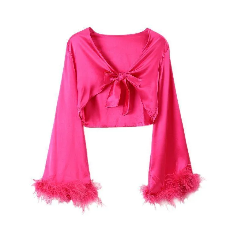 Rose Lotus Feather Sleeve Satin Two-Piece Set