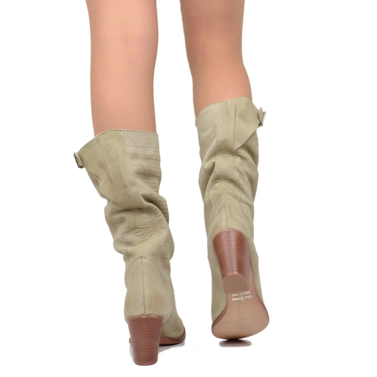 Stivali Donna Taupe con Tacco Medio in Pelle Nabuk Zigrinata