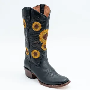 TANNER MARK WOMEN’S Galveston Vintage Black Cowgirl Boots Whit Sunflower Embroidery Top