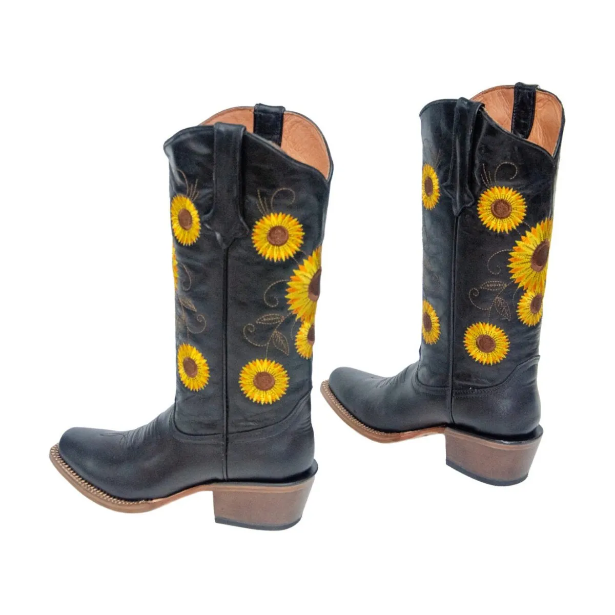 TANNER MARK WOMEN’S Galveston Vintage Black Cowgirl Boots Whit Sunflower Embroidery Top