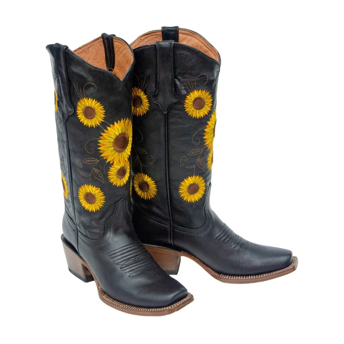 TANNER MARK WOMEN’S Galveston Vintage Black Cowgirl Boots Whit Sunflower Embroidery Top