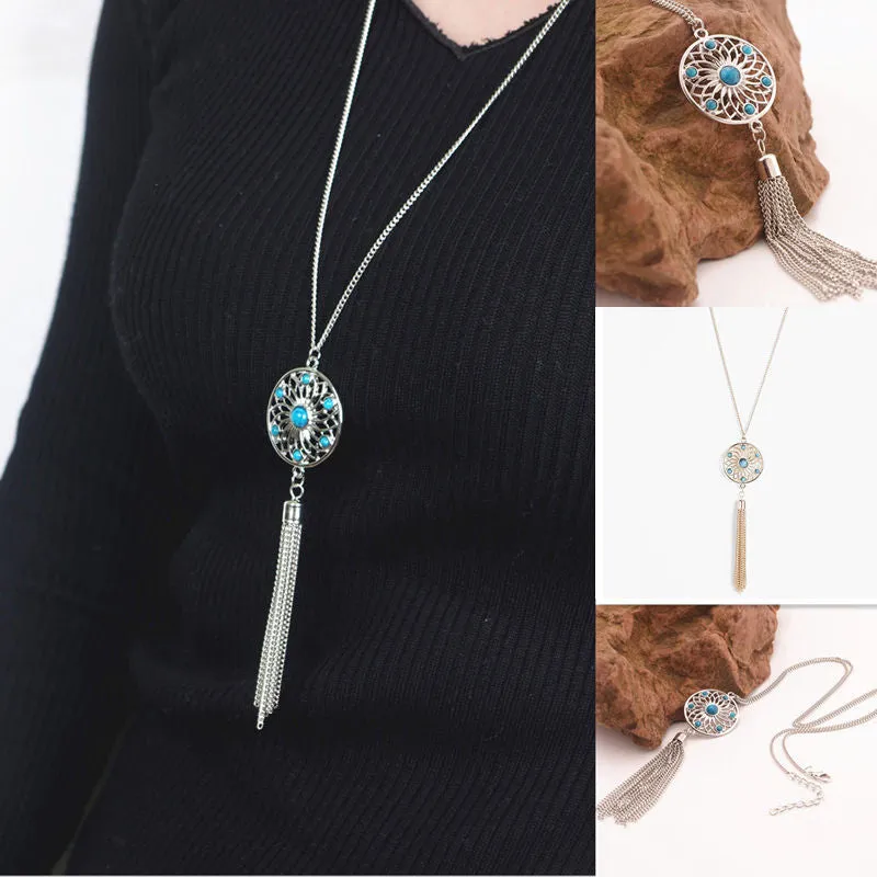 Tassel Chain Retro Turquoise Feather Pendant