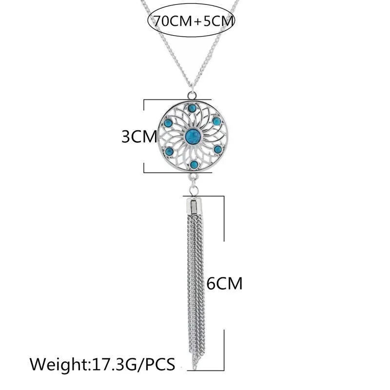 Tassel Chain Retro Turquoise Feather Pendant