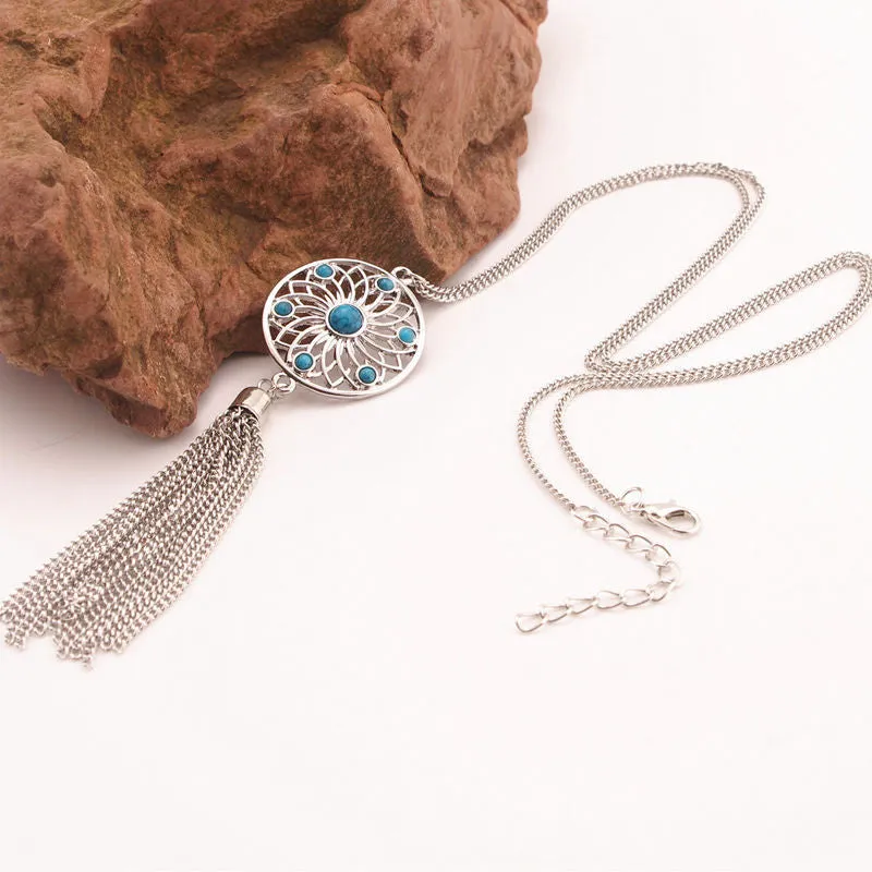 Tassel Chain Retro Turquoise Feather Pendant