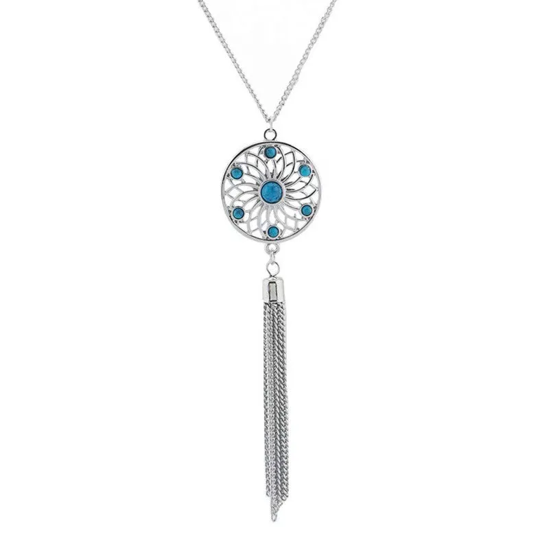 Tassel Chain Retro Turquoise Feather Pendant