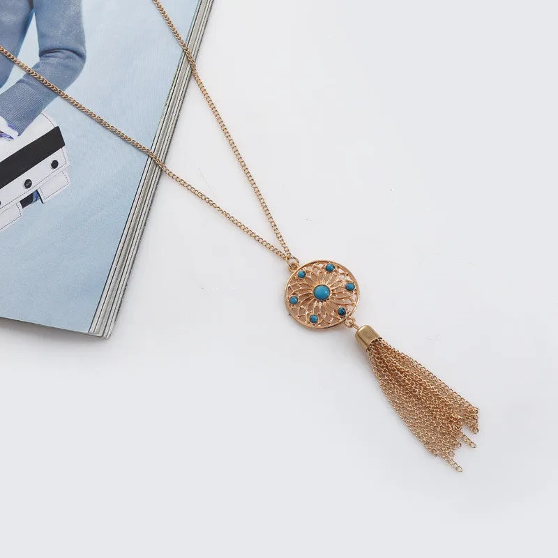 Tassel Chain Retro Turquoise Feather Pendant