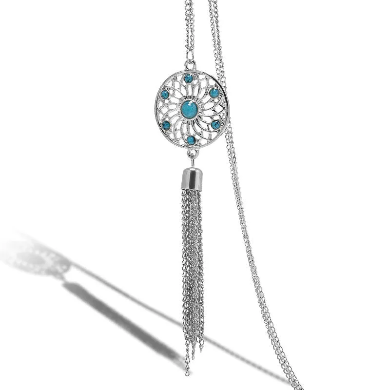 Tassel Chain Retro Turquoise Feather Pendant