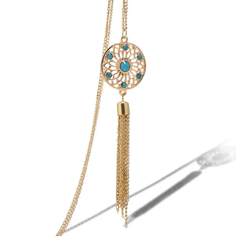 Tassel Chain Retro Turquoise Feather Pendant