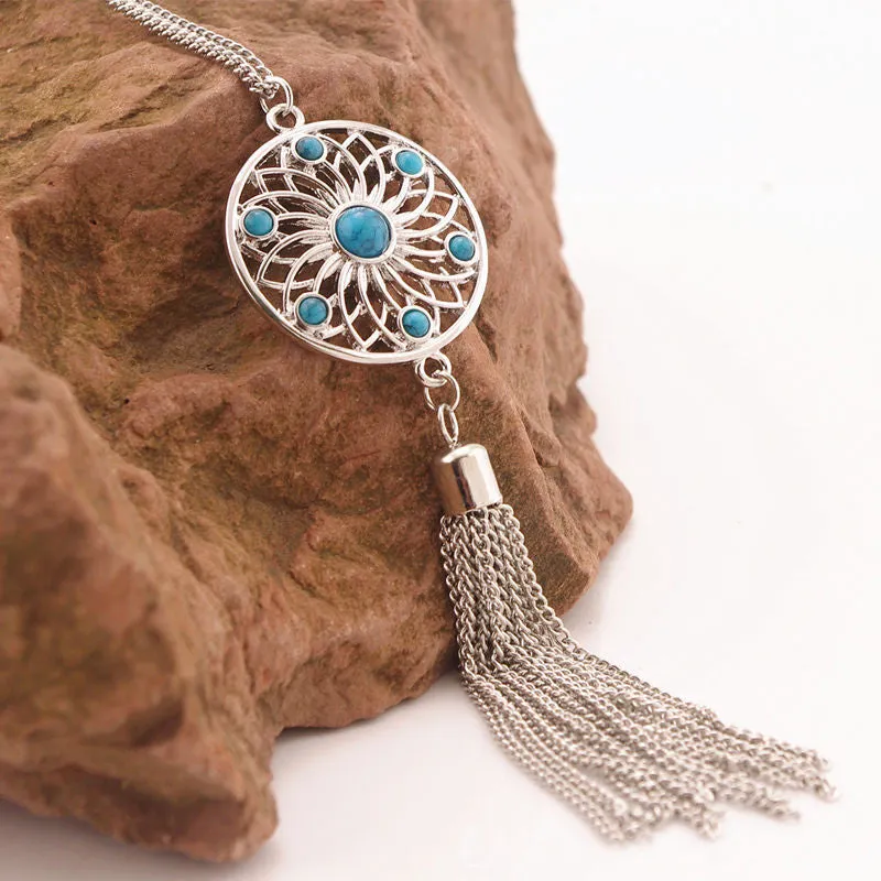 Tassel Chain Retro Turquoise Feather Pendant