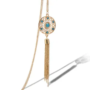 Tassel Chain Retro Turquoise Feather Pendant