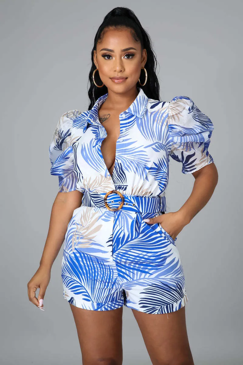 Tropical Puff Sleeve Belted Short Jumpsuit with Bold Print