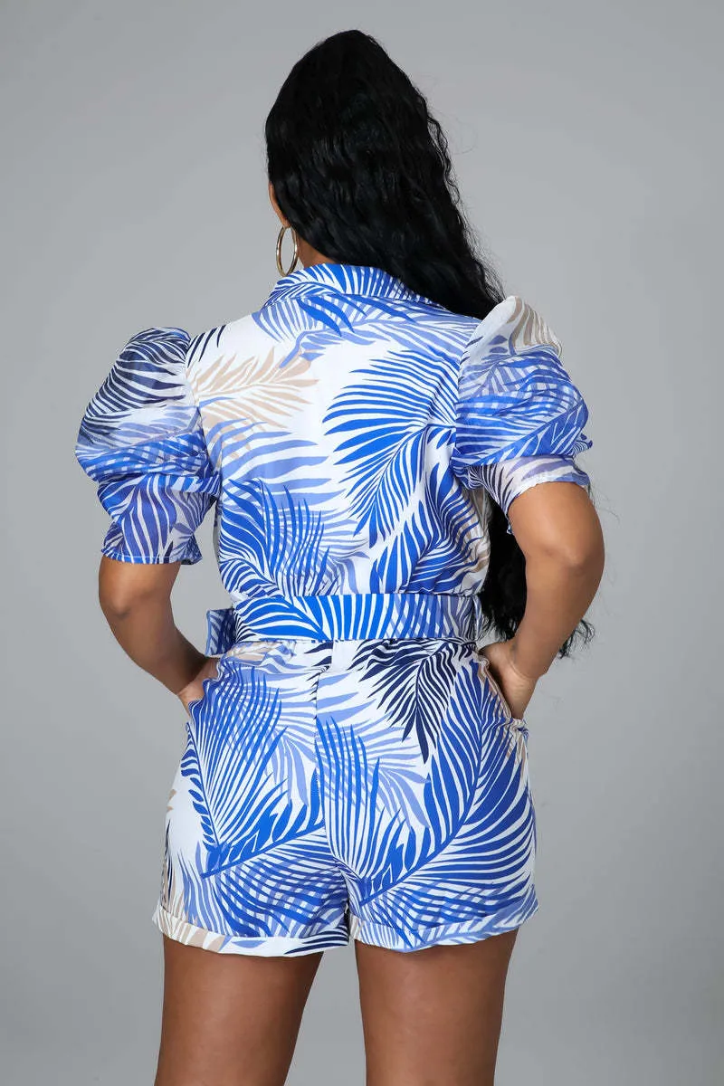 Tropical Puff Sleeve Belted Short Jumpsuit with Bold Print
