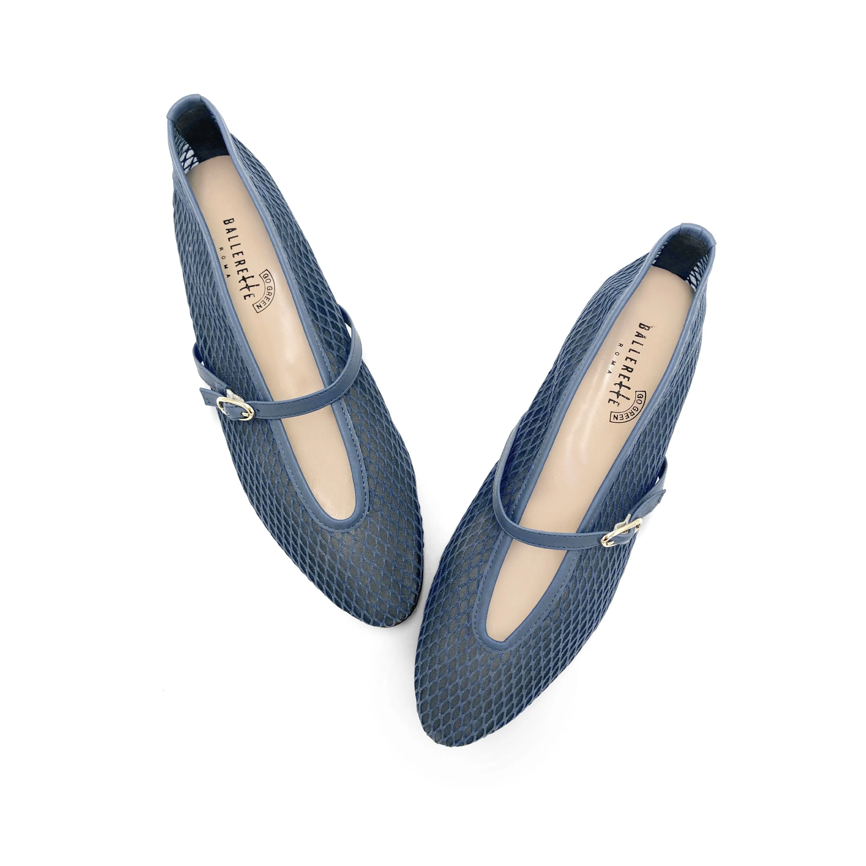 TT GO GREEN Collection - Blue Denim Transparent Mesh Ballet Flats in ECO Recycled Fabric with Strap