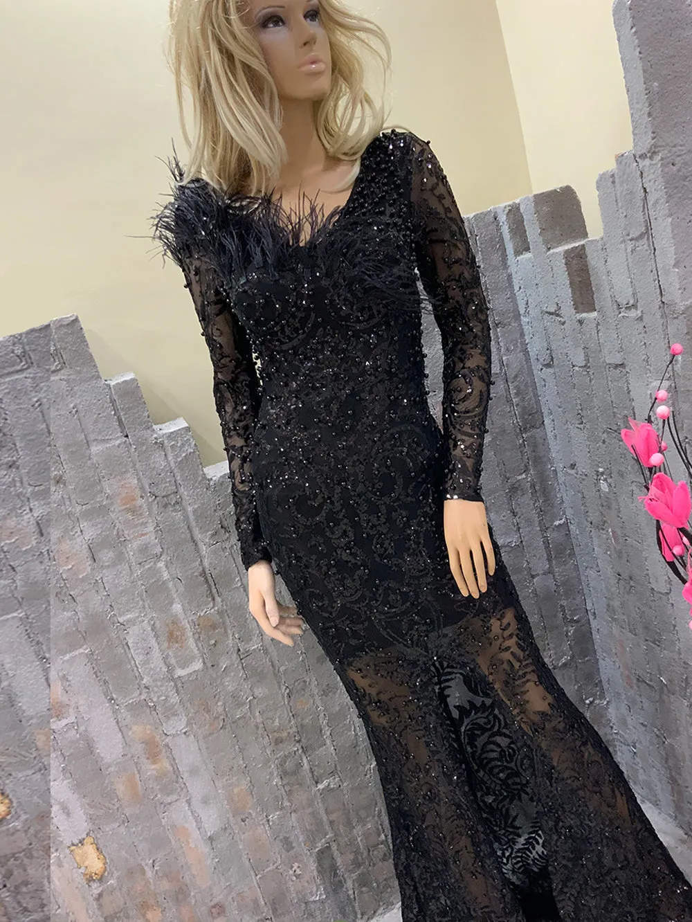 V Neck Long Sleeve Tailored Maxi Bodycon Dress HT1101