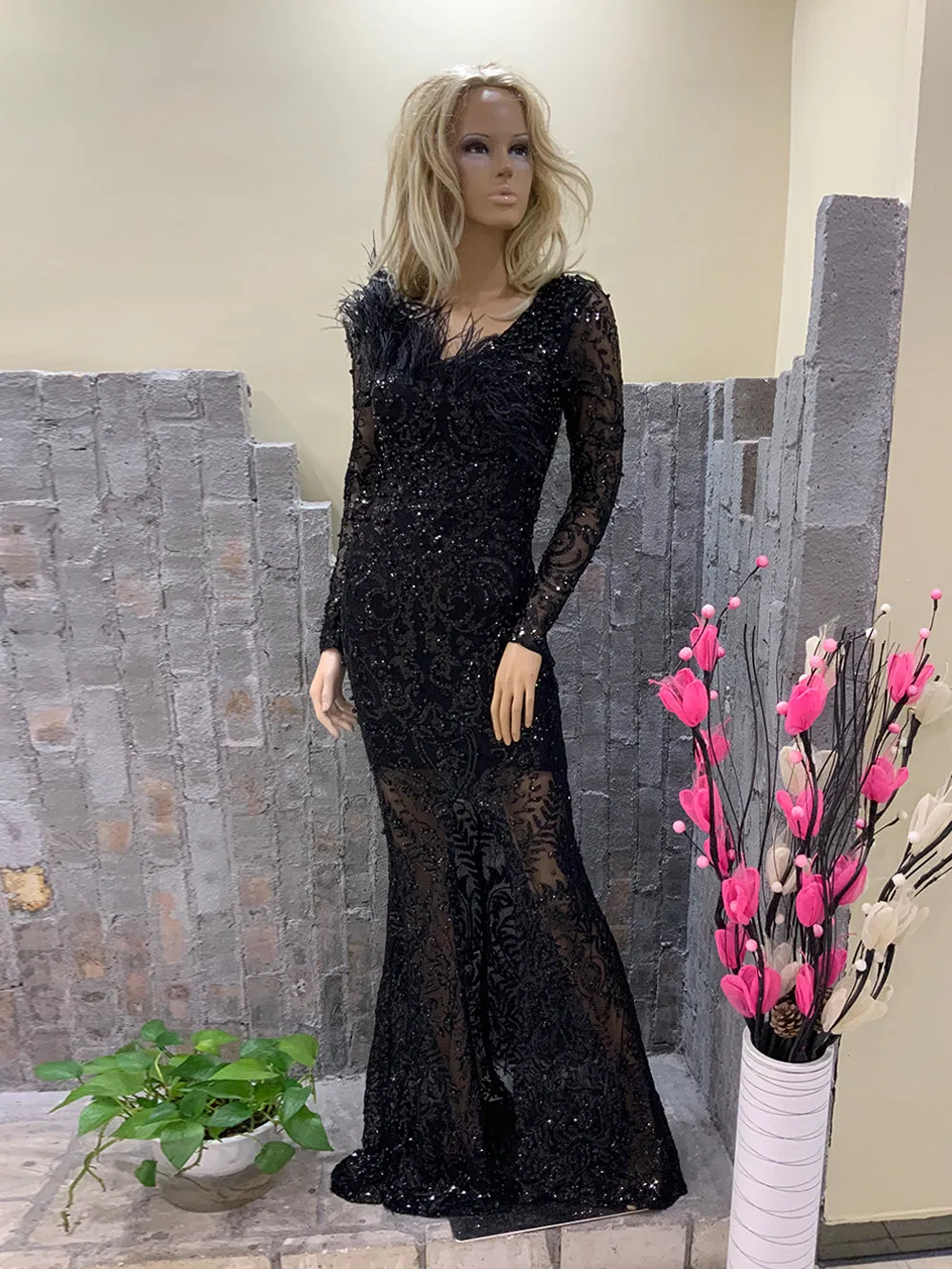 V Neck Long Sleeve Tailored Maxi Bodycon Dress HT1101