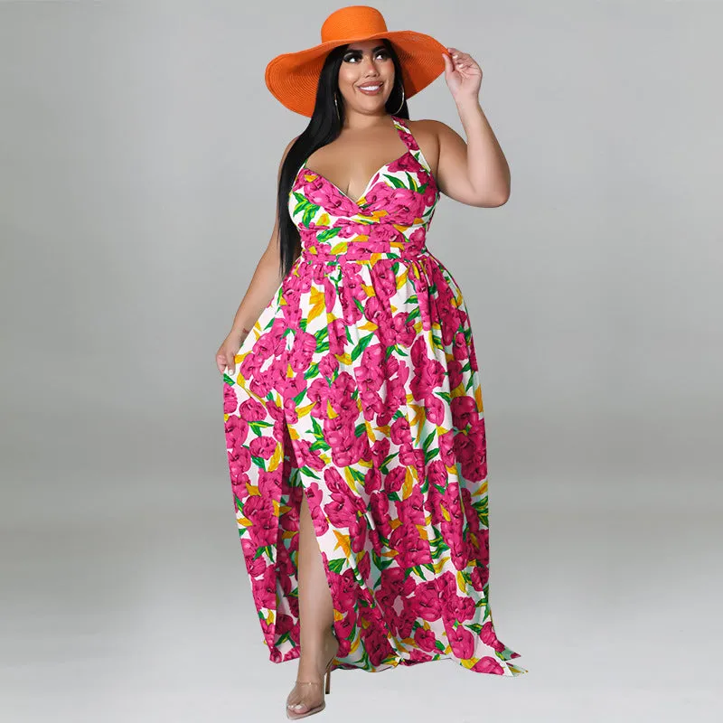 Vibrant Floral Halter Maxi Dress with Sultry Side Slit
