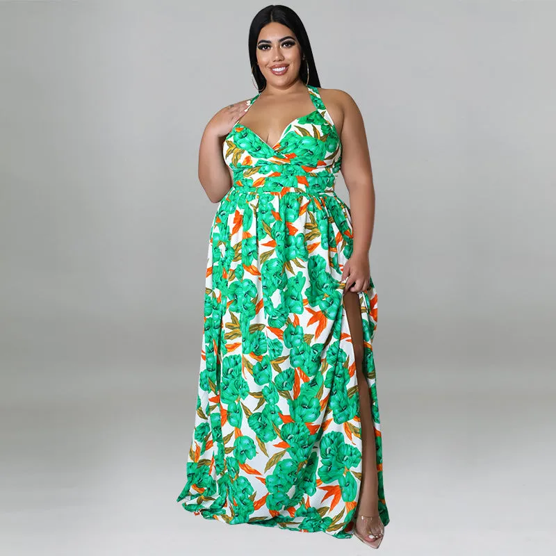 Vibrant Floral Halter Maxi Dress with Sultry Side Slit
