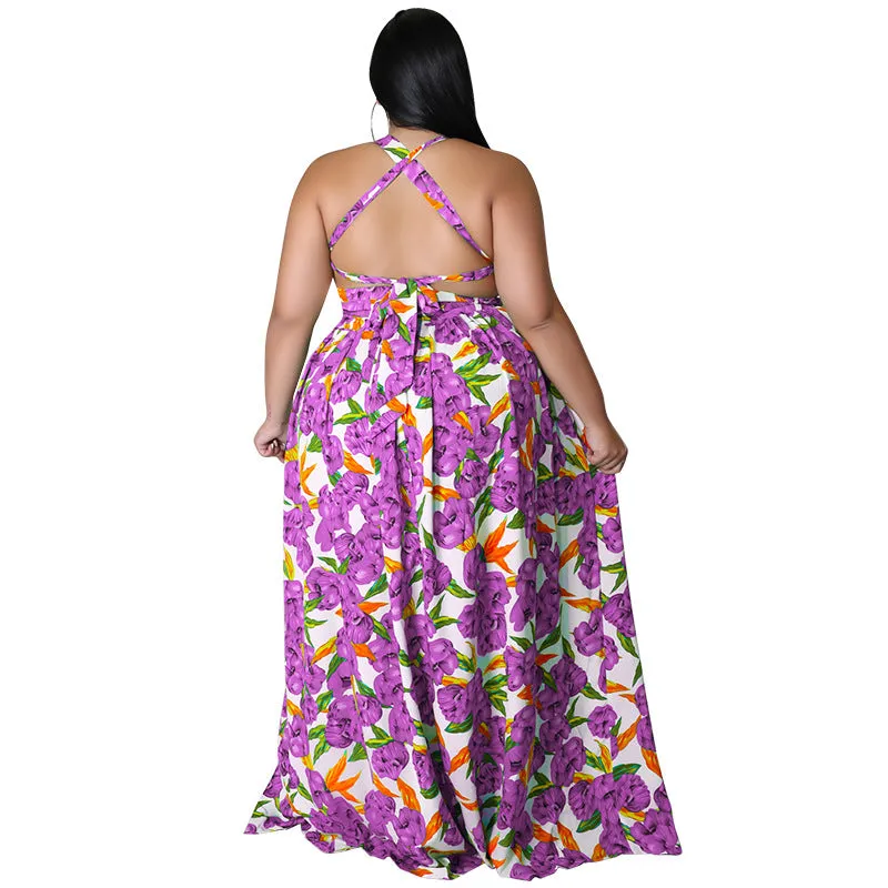 Vibrant Floral Halter Maxi Dress with Sultry Side Slit