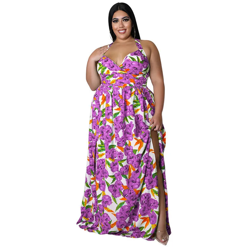 Vibrant Floral Halter Maxi Dress with Sultry Side Slit