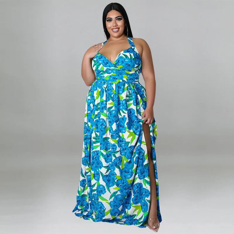 Vibrant Floral Halter Maxi Dress with Sultry Side Slit