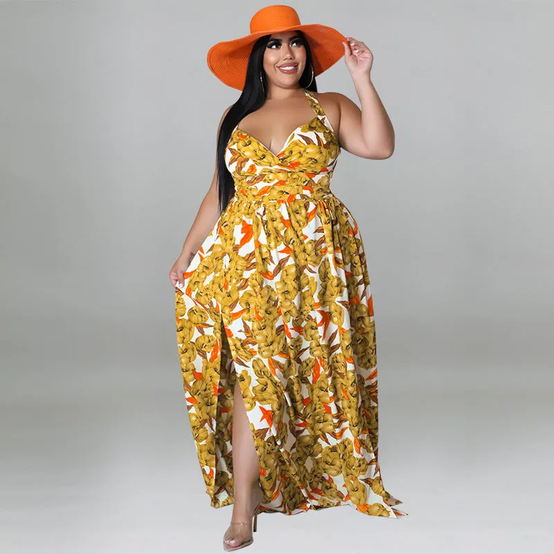 Vibrant Floral Halter Maxi Dress with Sultry Side Slit