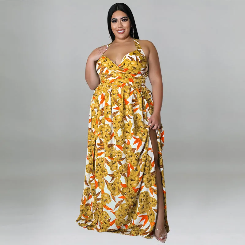Vibrant Floral Halter Maxi Dress with Sultry Side Slit