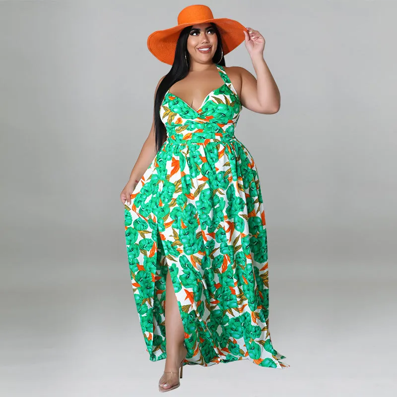 Vibrant Floral Halter Maxi Dress with Sultry Side Slit