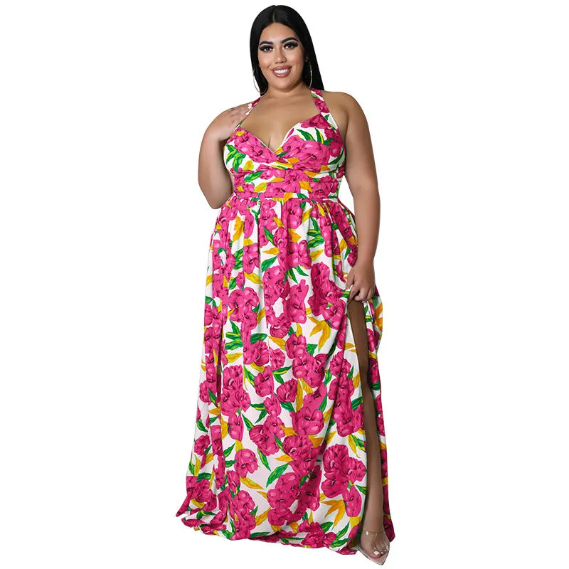 Vibrant Floral Halter Maxi Dress with Sultry Side Slit