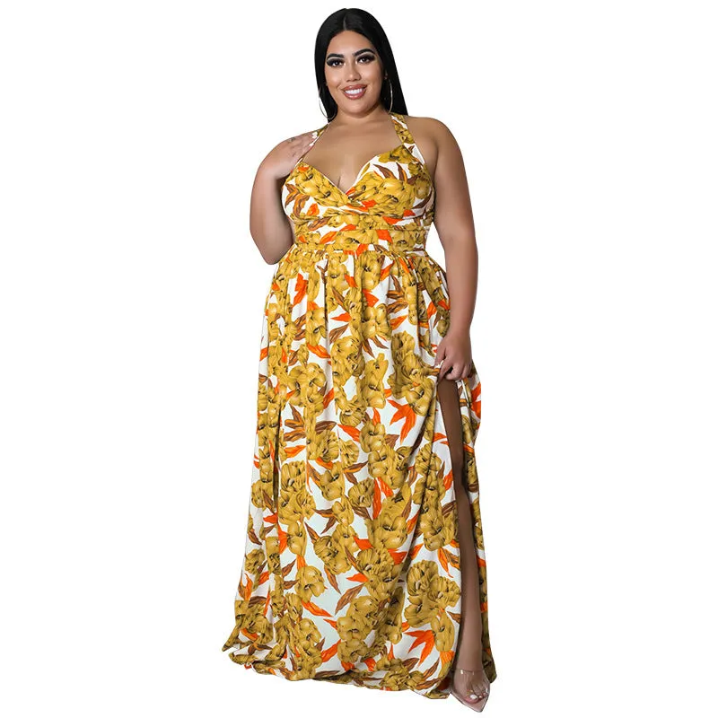 Vibrant Floral Halter Maxi Dress with Sultry Side Slit