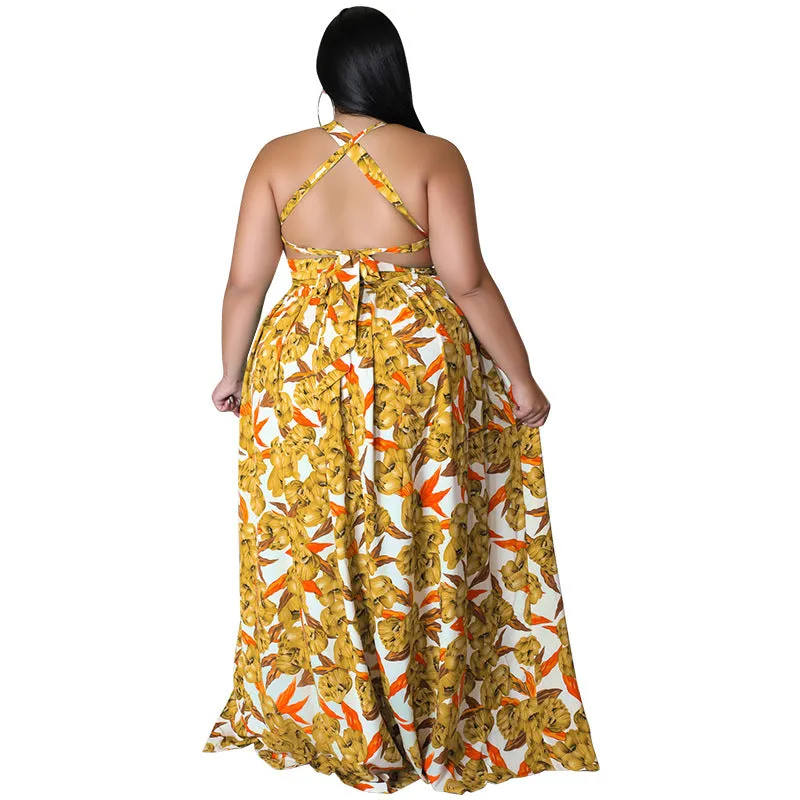 Vibrant Floral Halter Maxi Dress with Sultry Side Slit