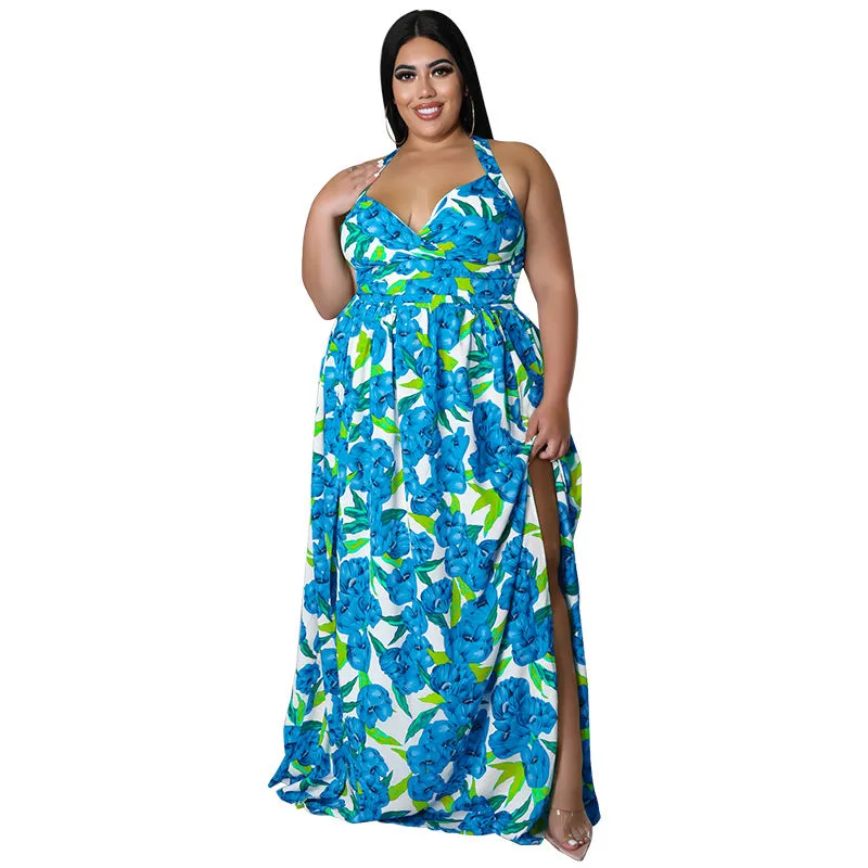 Vibrant Floral Halter Maxi Dress with Sultry Side Slit