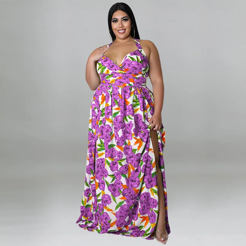 Vibrant Floral Halter Maxi Dress with Sultry Side Slit