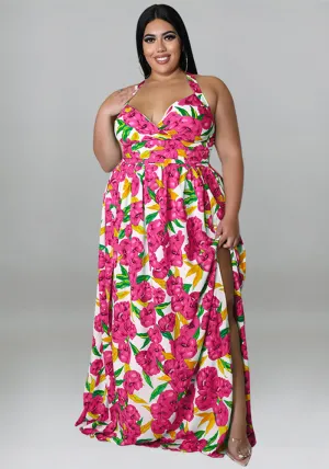 Vibrant Floral Halter Maxi Dress with Sultry Side Slit