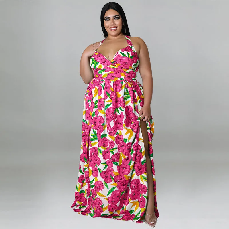 Vibrant Floral Halter Maxi Dress with Sultry Side Slit