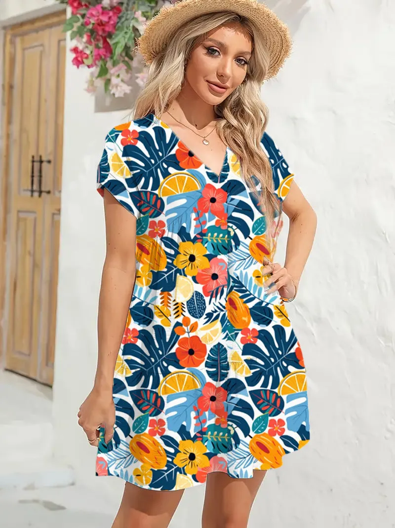 Vibrant Tropical Print V-Neck Short Sleeve Flowy Summer Dress