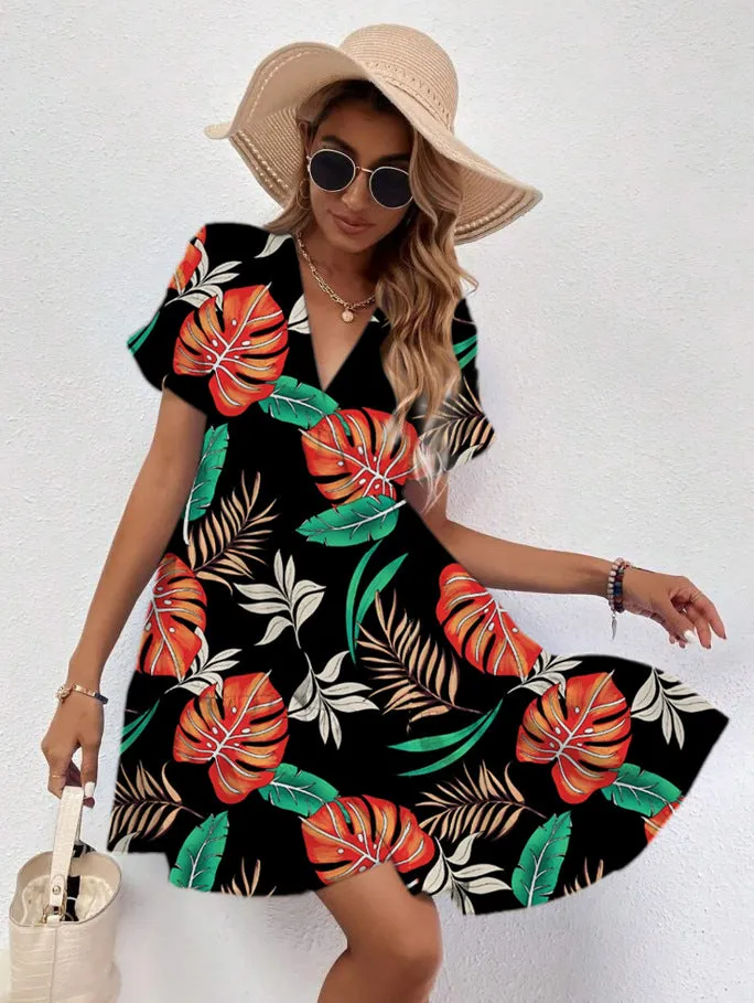 Vibrant Tropical Print V-Neck Short Sleeve Flowy Summer Dress