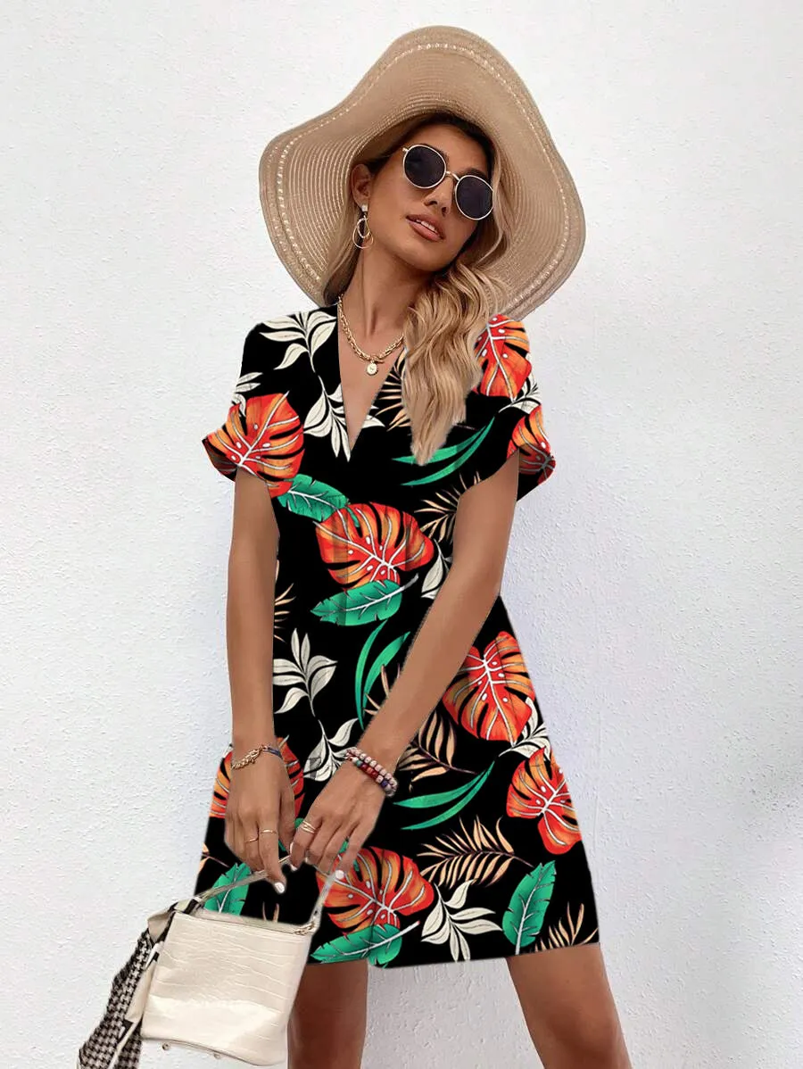 Vibrant Tropical Print V-Neck Short Sleeve Flowy Summer Dress
