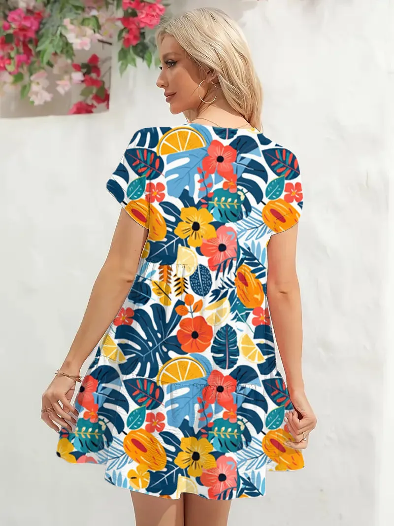 Vibrant Tropical Print V-Neck Short Sleeve Flowy Summer Dress