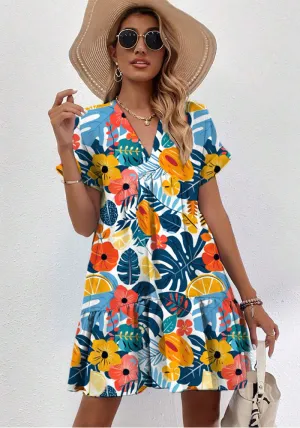 Vibrant Tropical Print V-Neck Short Sleeve Flowy Summer Dress