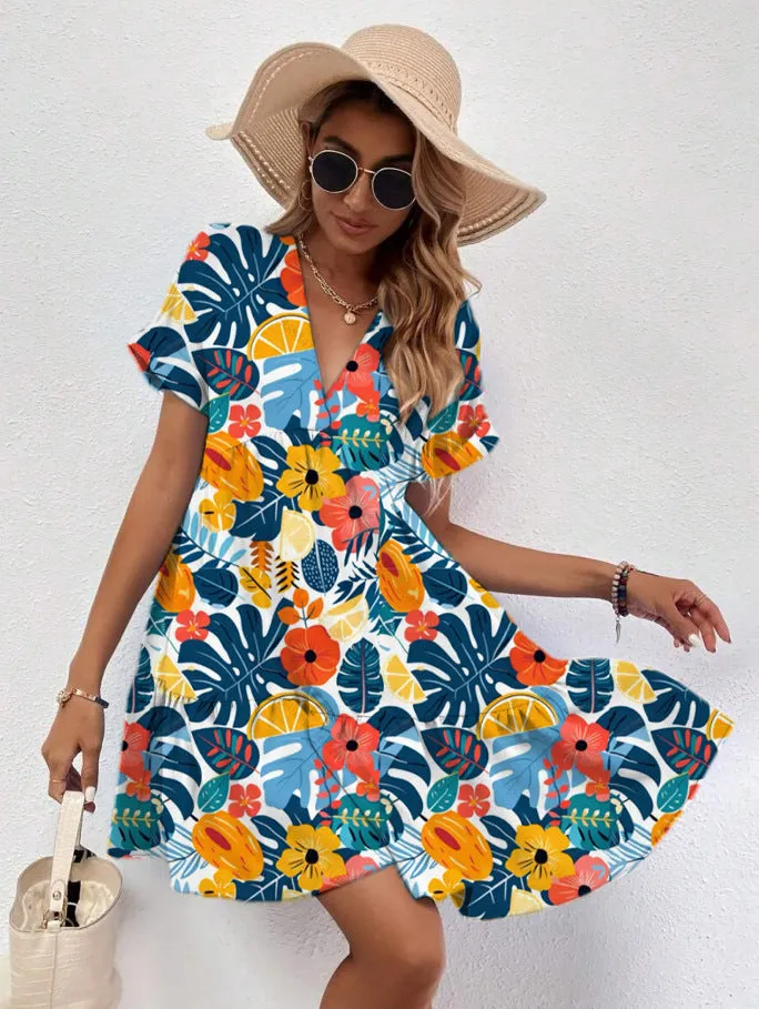 Vibrant Tropical Print V-Neck Short Sleeve Flowy Summer Dress