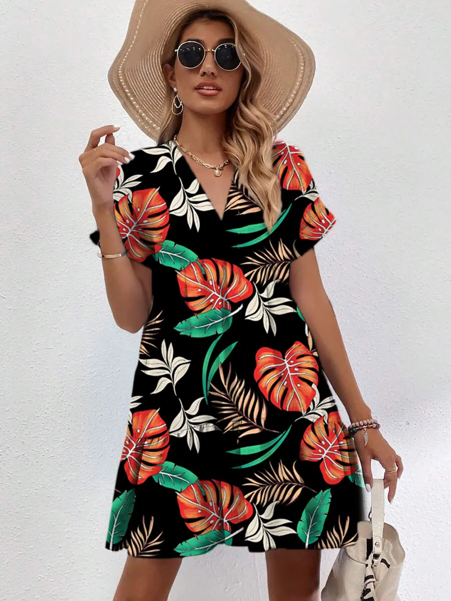 Vibrant Tropical Print V-Neck Short Sleeve Flowy Summer Dress