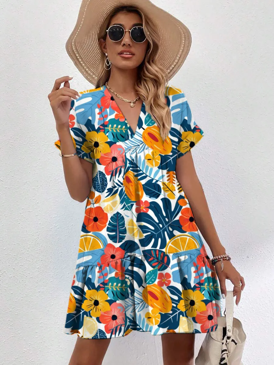 Vibrant Tropical Print V-Neck Short Sleeve Flowy Summer Dress