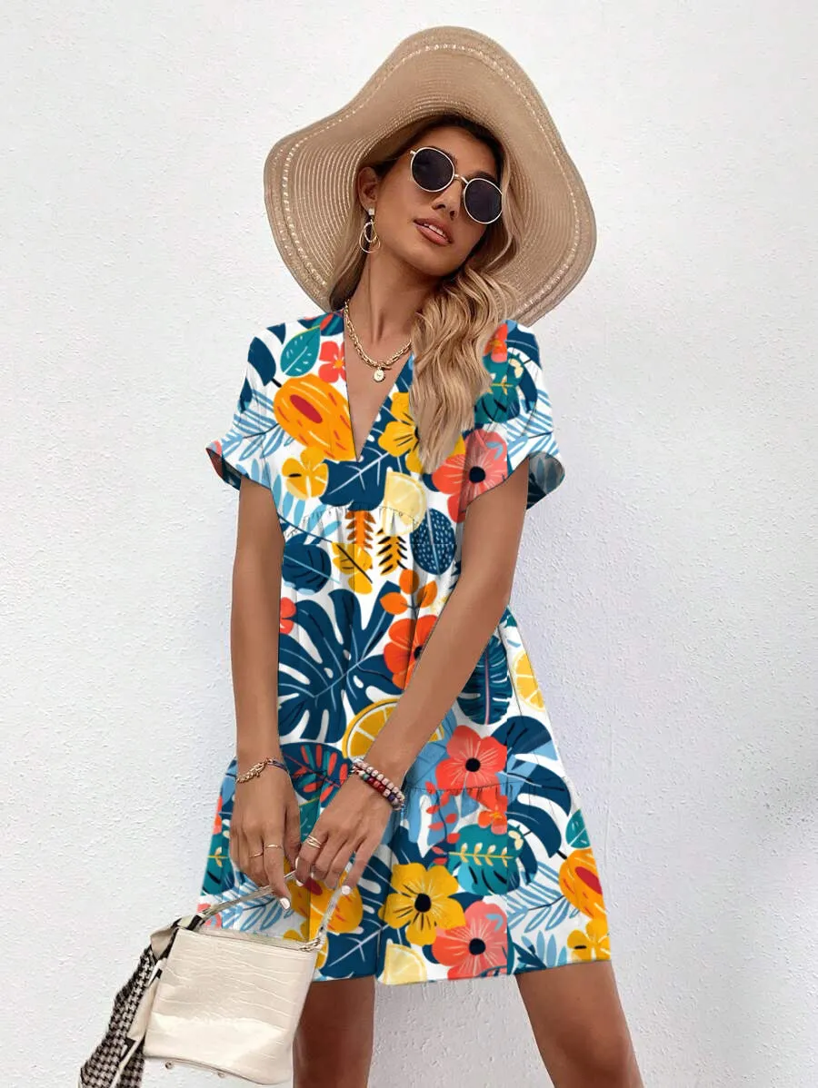 Vibrant Tropical Print V-Neck Short Sleeve Flowy Summer Dress